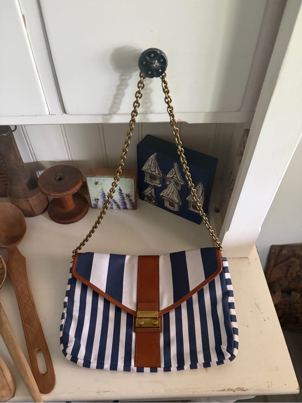 J.Crew Striped Navy and White Shoulder Bag with Brown Trim